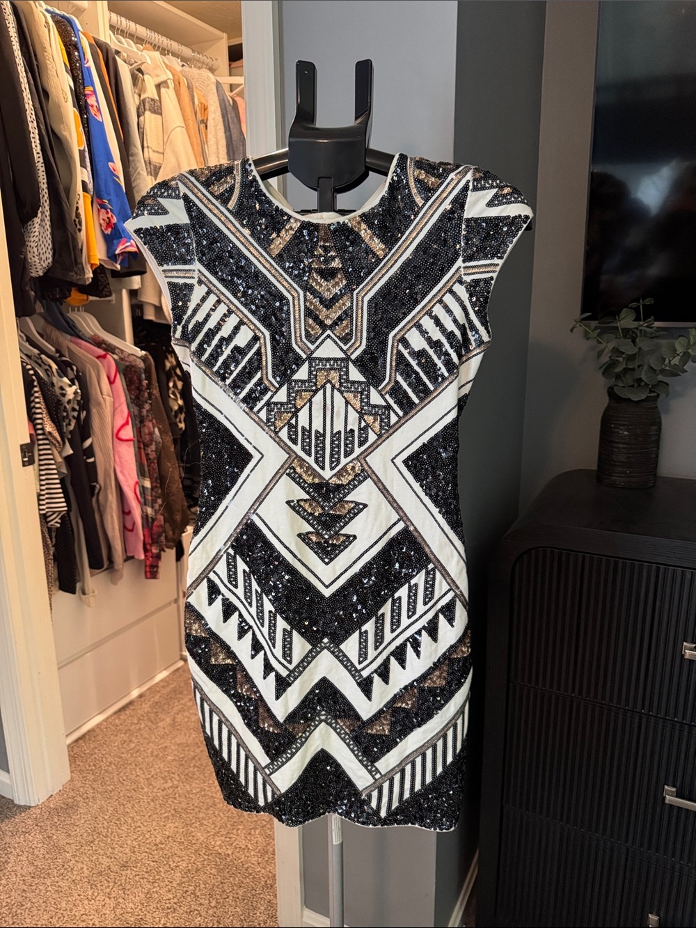 Black & White Sequin Geometric Cocktail Dress